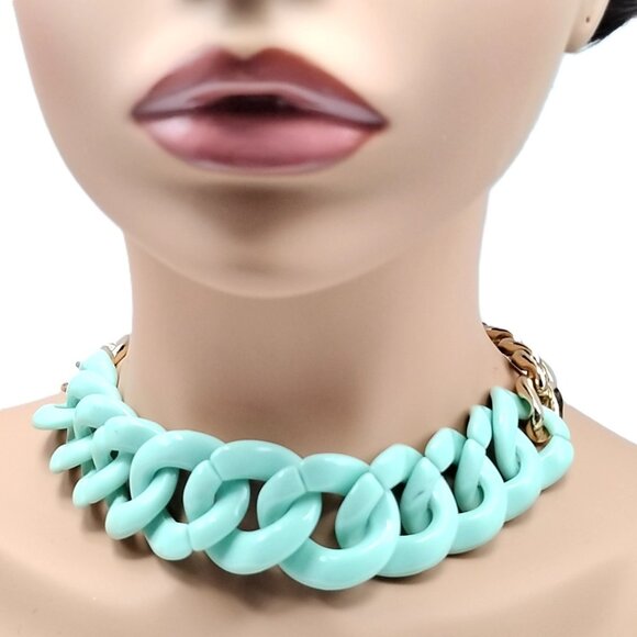 Mint Green Chunky Curb Link Gold Tone Statement Necklace - Picture 2 of 16
